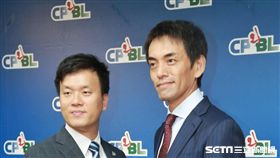 ▲Lamigo球團總經理劉玠廷（左）與日商樂天亞洲營運長渡邊崇出席記者會。（圖／記者林士傑攝影）
