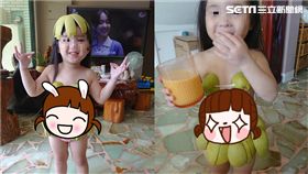 有一種餓，叫阿嬤覺得你會餓！一名網友在臉書抱怨，說她中秋連假把女兒送給媽媽照顧，想不到女兒回來時，身形居然「圓」了一圈，可愛的小肚子都凸了出來，她也跟大家分享女兒穿柚子裝的搞笑模樣，吸引2.5萬網友按讚。（圖／網友授權提供）