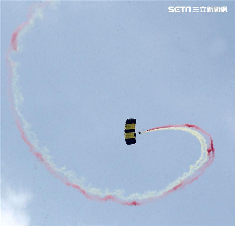 陸軍神龍小組睽違九年重現六人疊傘展現精湛操傘技術。（記者邱榮吉/攝影）