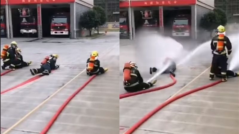消防員訓練…中間弟兄慘遭「射滿身」
