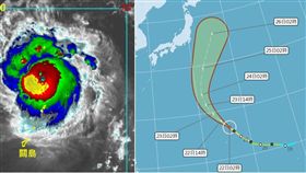 左圖：今(22)日3：30紅外線色調強化衛星雲圖顯示，颱風眼清淅可見。(擷自RAMMB)

右圖：中央氣象局最新(22日2時)「路徑潛勢預測圖」顯示，「博羅依」呈現大迴轉的特徵，全程都在日本的東南方海面，與陸地有一段距離，不會侵日。