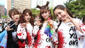 椎名空（左起）、相澤南、高橋聖子、夏木安梨來台參加同志大遊行活動。