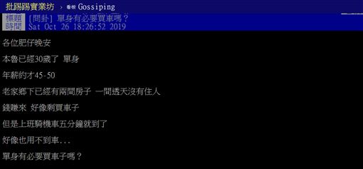 單身,買車,必要性,PTT 圖/翻攝自PTT