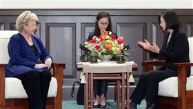 總統蔡英文（右）28日在總統府，接見盧森堡國會議員蕾汀（Viviane Reding）（左）訪問團，蔡總統說，蕾汀議員是台灣的老朋友，協助多項友台議案通過，感謝20多年來對台灣一路相挺。中央社記者鄭傑文攝　108年10月28日