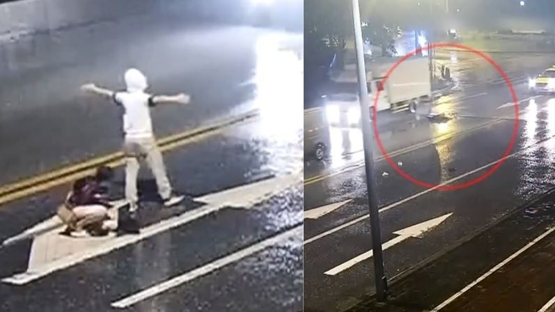 帽T男「張雙臂」尋死　女友阻遭撞飛
