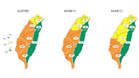 環保署表示，預計18日午後影響台灣空氣品質，直到19日中午，各地空氣品質多為橘色提醒等級。（圖取自空氣品質監測網airtw.epa.gov.tw）