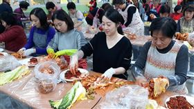 秋意濃泡菜情  韓華婦女醃製愛心泡菜韓國華僑婦女聯合會17日在漢城華僑中學餐廳舉辦愛心泡菜醃製體驗活動，韓華婦女近200人同心協力醃製愛心泡菜。中央社記者姜遠珍首爾攝  108年11月17日