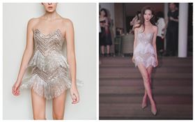 志玲婚禮After Party上穿的Nicole+Felicia銀色流蘇小洋裝，在前胸與後背以透膚薄紗支撐，盡情舞動性感也不會走光。（Nicole+Felicia提供）