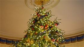 白宮藍廳耶誕樹白宮藍廳今年在高達18英尺、來自北卡羅萊納州的耶誕樹上，可見掛著印有「成為最好」的耶誕樹裝飾。中央社記者鄭崇生華盛頓攝 107年11月27日