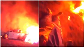 美國發生火燒車意外，警方驚險救出受困老婦。（圖／翻攝自YouTube）
