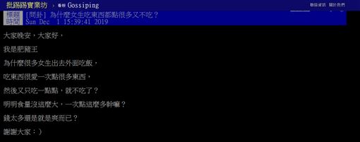 女生,小鳥胃,吃飽,點餐,數量,份量,PTT 圖/翻攝自PTT
