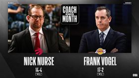 Nick Nurse與Frank Vogel獲單月最佳教練。（圖／翻攝自NBA官方推特）