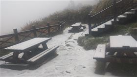 雪山三六九山莊降雪（2）海拔逾3000公尺的雪山三六九山莊6日降下皚皚白雪，戶外桌椅被白雪覆蓋。（布農卡里布灣高山協作提供）中央社記者魯鋼駿傳真　108年12月6日