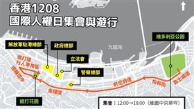 香港民陣8日號召民眾上街，將於下午3時從維園出發，這場遊行是民陣自7月21日所申請的遊行以來，再度獲警方發出不反對通知書，有望重演百萬人上街。（中央社製圖）