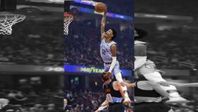 ▲莫蘭特（Ja Morant）差點飛過勒夫（Kevin Love）扣籃。（圖／美聯社／達志影像）