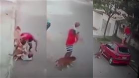 巴西里約熱內盧日前發生一起驚悚的「狗咬人」意外，一名4歲男童在街上遭比特犬攻擊，脖子被狠狠緊咬，一名男子路過見狀，趕緊衝上前去將比特犬架開，沒想到比特犬仍不死心地緊追男童，男子只好不停地與牠搏鬥，幸好後順利化解危機；這名出手營救的男子表示，自己當時沒有想太多，下意識就衝去救人了。（圖／翻攝自reddit）