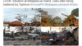 菲律賓有關當局26日表示，颱風巴逢（Phanfone）在耶誕節侵襲菲律賓中 部偏僻村莊與熱門旅遊景點，掀起民宅屋頂、吹斷電線桿等，至少16人罹難。(twitter截圖)