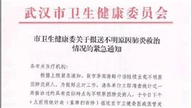 中國武漢市出現多起不明原因肺炎，網友在社群平台轉發武漢市衛生健康委員會12月30日發出的文件，民眾也恐懼嚴重急性呼吸道症候群（SARS）再度爆發。（圖取自微博網頁weibo.com）
