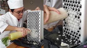 蘋果上月上市最高階的Mac Pro，機身捨棄以往的圓筒造型，採方正的塔式設計，而表面上的孔洞使得機身外型如「刨絲器」，隨即在網路上引發熱議。然卻有名日本YouTuber馬上拿新Mac來刨蘿蔔，刨出一盤蘿蔔泥後還配鹽烤鯖魚一起吃；影片一出，不少網友看了都直呼「果然是日本人的靈魂」。（圖／翻攝自Koji Seto YouTube）
