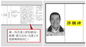 ▲候選人「許願神」，還在公報上寫下超狂經歷「為花蓮人曾經跳海、跳樓、跳火沒死，沒選上可能跳舞掃地而亡。」（圖／翻攝自眼球中央電視台）