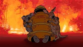 澳洲大火自去年9月延燒至今，居民被迫遷離家園、數億原生動物不幸死於火場，香港插畫家Cuson Lo有感於愈趨嚴重的災情，在臉書上貼出一張消防員緊抱無尾熊和袋鼠的圖，並寫下「God bless Australia」（天佑澳洲），讓不少網友看了都相當心疼，紛集氣希望這場惡夢趕快結束。（圖／Cuson Lo授權提供）