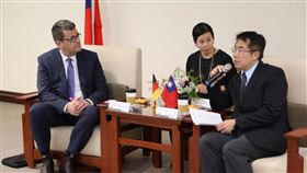 德國經濟辦事處首席代表拜會黃偉哲德國經濟辦事處首席代表暨處長林百科（Axel Limberg）（左）6日到台南市政府拜會市長黃偉哲（右），討論電動車推展等議題。（台南市政府提供）中央社記者楊思瑞台南傳真  109年1月6日