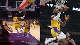 ▲詹姆斯（LeBron James）滯空拉桿上籃。（圖／翻攝自YouTube／美聯社／達志影像）