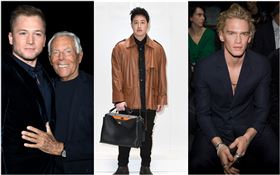 新科金球獎影帝泰隆艾格頓，出席Giorgio Armani 2020 秋冬男裝，而即將以團體BIGBANG回歸的韓星太陽與台灣歌手潘瑋柏則是現身Fendi，還有麥莉希拉剛滿23歲的小鮮肉男友寇弟辛普森，也受邀出席Emporio Armani 。（皆為品牌提供）