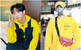 中國大陸男團UNINE隊長李汶翰戴防毒面具現身機場（圖／翻攝自李汶翰微博、娛樂鮮報微博）