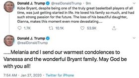 ▲『小飛俠』布萊恩（Kobe Bryant）和女兒吉雅納（Gianna Bryant）一起死於墜機意外，美國總統川普發推特哀弔。（圖／翻攝自川普推特）