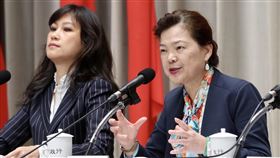 經濟部：口罩禁止出口延長到4月底因應武漢肺炎疫情的口罩需求，經濟部次長王美花（右）13日出席行政院會後記者會時表示，口罩禁止出口將延長到4月底，政府徵用口罩也會同步延長到4月底。中央社記者張皓安攝  109年2月13日