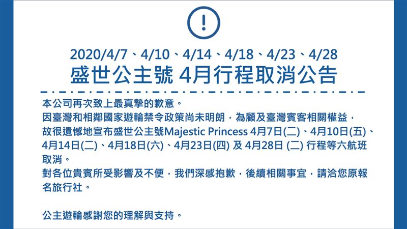 公主遊輪：3、4月航次「全數取消」