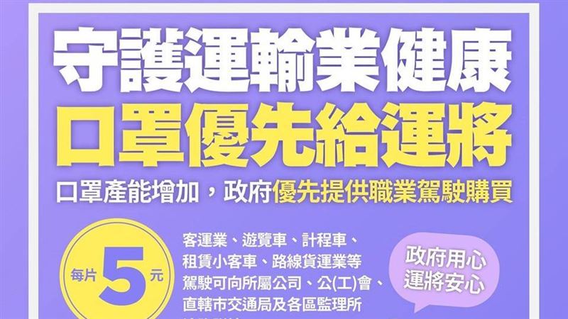 Uber適用　口罩先給運將1天1片