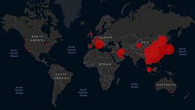 全球武漢肺炎確診感染追蹤地圖
圖翻攝自美國約翰霍普金斯大學（Coronavirus COVID-19 Global Cases by Johns Hopkins CSSE）