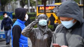 全民防疫戴口罩　街頭塑像也不放過武漢肺炎疫情來襲，民眾防疫意識高漲，口罩成為全民外出必需品，14日台北西門町街頭一尊塑像也被人戴上口罩。中央社記者王飛華攝　109年3月14日