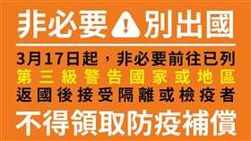 非必要去三級警告國家，返台不可領防疫補償並加收必要費用。（圖／中央流行疫情指揮中心提供）