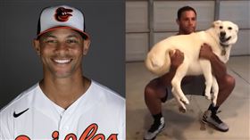 ▲金鶯投手克萊（Branden Kline）抱狗深蹲。（圖／美聯社／翻攝自金鶯推特）