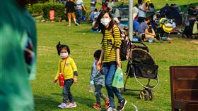 防疫期間民眾戴口罩出遊中央氣象局22日表示，各地天氣為多雲到晴，白天高溫約攝氏28至31度。由於正值武漢肺炎防疫期間，家長帶著孩子出遊仍不忘戴上口罩。中央社記者王騰毅攝　109年3月22日