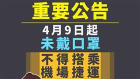 109年4月9日起民眾搭乘桃園機場捷運須全程配戴口罩，旅客未戴口罩將不得搭乘。(圖／桃捷公司提供)