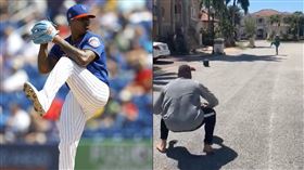 ▲大都會投手史卓曼（Marcus Stroman）在私人街道上練投。（圖／美聯社／翻攝自史卓曼推特）