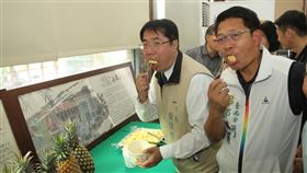 黃偉哲力推台南鳳梨台南市長黃偉哲（左）1日試吃龍崎區農民栽種的鳳梨，為進入產季的鳳梨代言。他說，多吃鳳梨保健康，免疫力跟著提高。中央社記者楊思瑞攝  109年4月1日