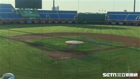 ▲桃園球場經過工作人員搶救，加上桃園地區出大太陽，積水狀況已排除。（圖／記者黃泓哲攝影）