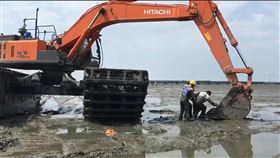 挖蛤半身陷泥灘　海巡出動挖土機救人61歲張姓男子前往彰化線西鄉塭仔港附近潮間帶挖蛤仔，疑似不熟悉泥灘地，下半身陷在泥灘裡動彈不得，海巡署人員請重機具業者出動挖土機，將張男救出。（翻攝照片）中央社記者吳哲豪傳真　109年4月15日