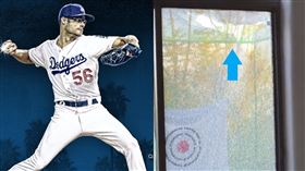 ▲道奇投手凱利（Joe Kelly）自家後院練投打破玻璃。（圖／翻攝自道奇、Cut4推特）