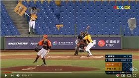 ▲中信兄弟吉祥物小翔在本壘後方舉牌自我介紹。（圖／翻攝自CPBLTV）