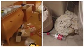 ▲廣東佛山房客接受集中隔離14天結束，旅館工作人員進入房間，成堆、滿地垃圾讓他們看傻眼。（圖／翻攝自梨視頻）