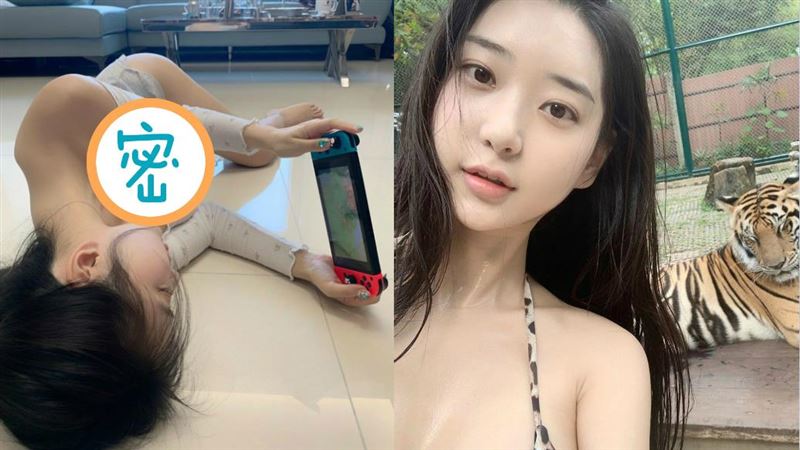 窩地上打電玩「夾胸視角」美女全露光