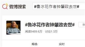 中國網友在微博悼念鍾肇政。（圖／翻攝自微博）

https://s.weibo.com/weibo?q=%23%E9%B2%81%E5%86%B0%E8%8A%B1%E4%BD%9C%E8%80%85%E9%92%9F%E8%82%87%E6%94%BF%E5%8E%BB%E4%B8%96%23&Refer=top