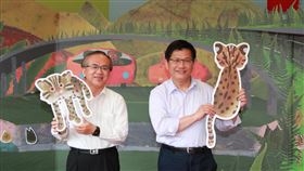 交通部發表兒童繪本幸運的一群（2）交通部22日發表兒童繪本「幸運的一群」，分別以「石虎」和「人類」為故事主角，敘述在淺山環境生長的石虎面對人類建設衝擊的故事，交通部長林佳龍（右）與次長陳彥伯（左）拿起石虎背板合影。（公路總局提供）中央社記者余曉涵傳真  109年5月22日