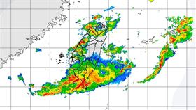 受到鋒面影響，氣象局27日一早針對台南市、高雄市、屏東縣發布豪雨特報，基隆市等13縣市發布大雨特報。圖為上午8時50分雷達回波圖。（圖取自中央氣象局網頁www.cwb.gov.tw）